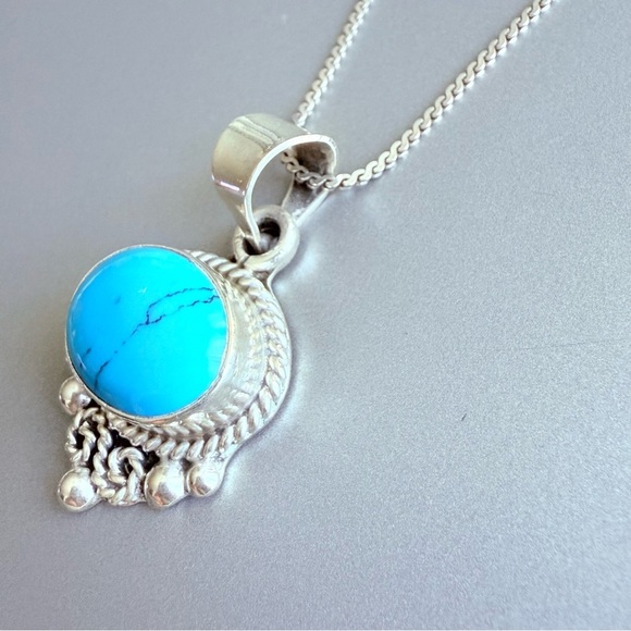 Taxco Mexico Turquoise Cable Rope Doted Design Pendant Necklace, Sterlin… - Picture 3 of 8